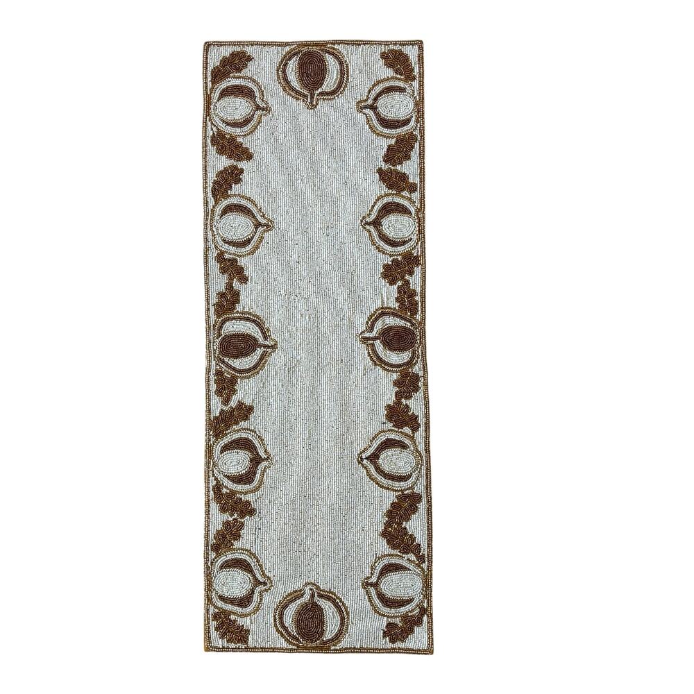 TAHARI Beaded Pumpkin Border Table Runner 13x36 White & Gold Chic Fall Decor NEW